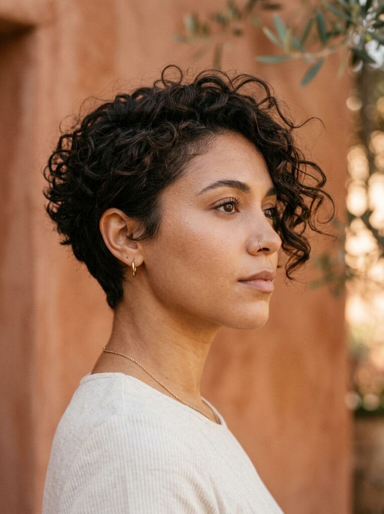 curly pixie cut with tapered sides