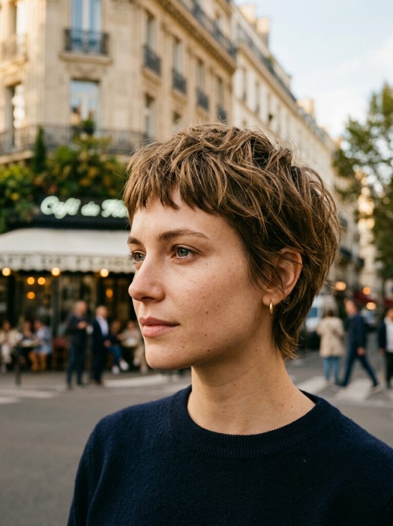 textured french pixie cut with choppy fringe