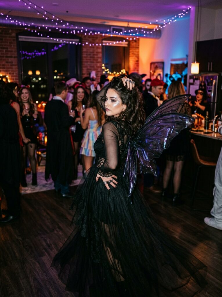 dark fairy halloween costume with sheer black wings