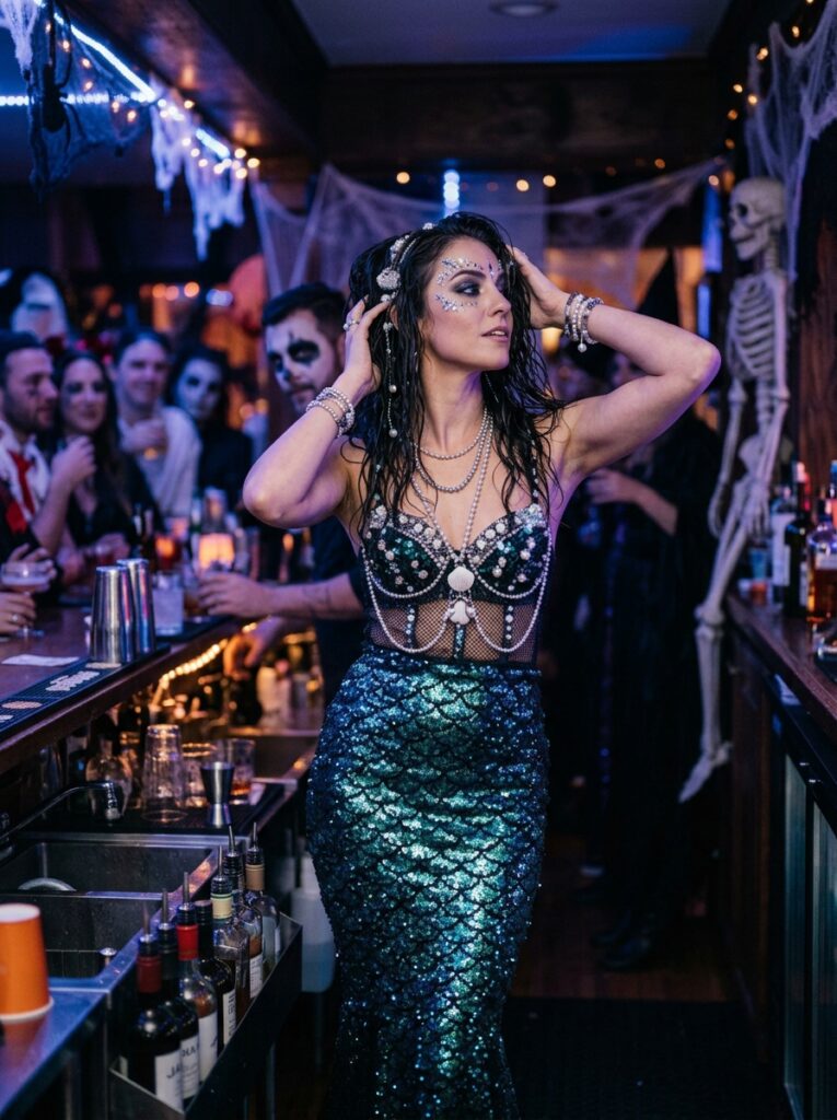 dark mermaid halloween costume with shimmering scales