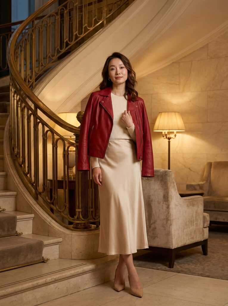 Red leather jacket with a cream satin skirt and fitted knit