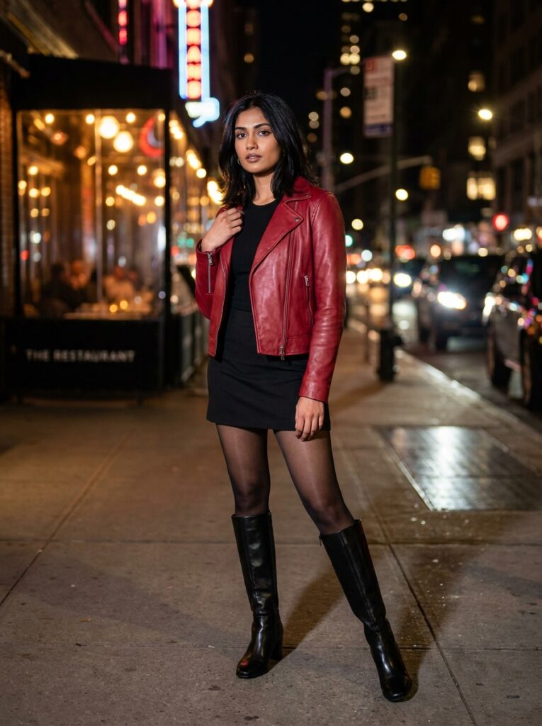 Red moto jacket with a black mini skirt and knee-high boots