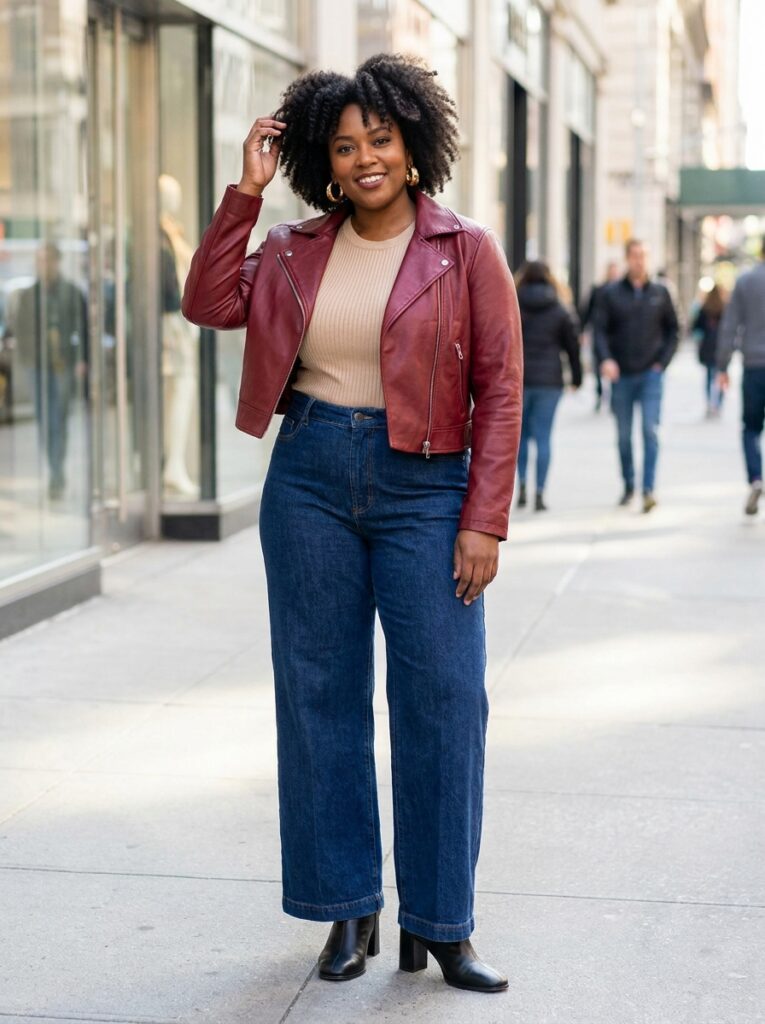 Cropped red leather jacket with wide-leg jeans and ankle boots