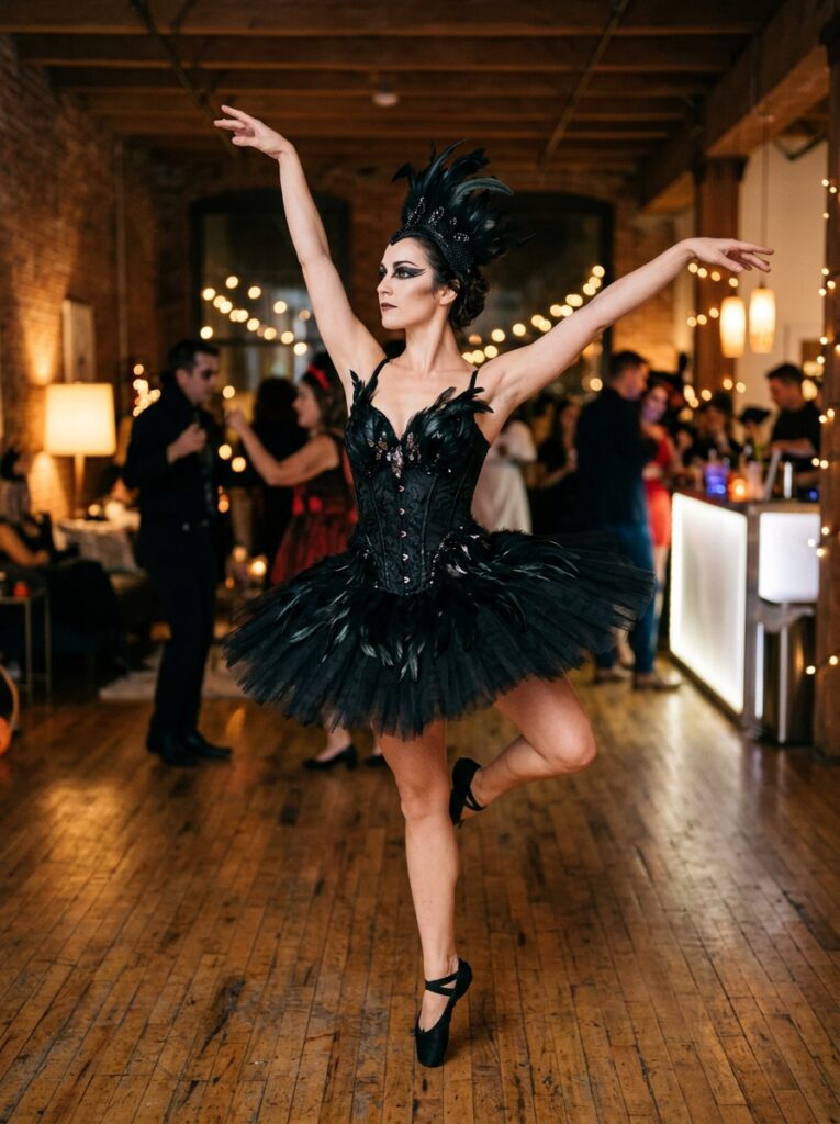 black swan halloween costume with feather details