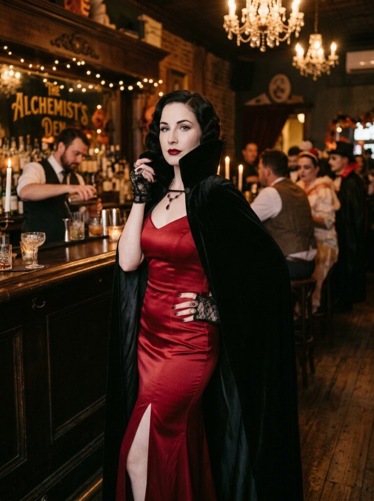 vintage vampire halloween costume in red satin