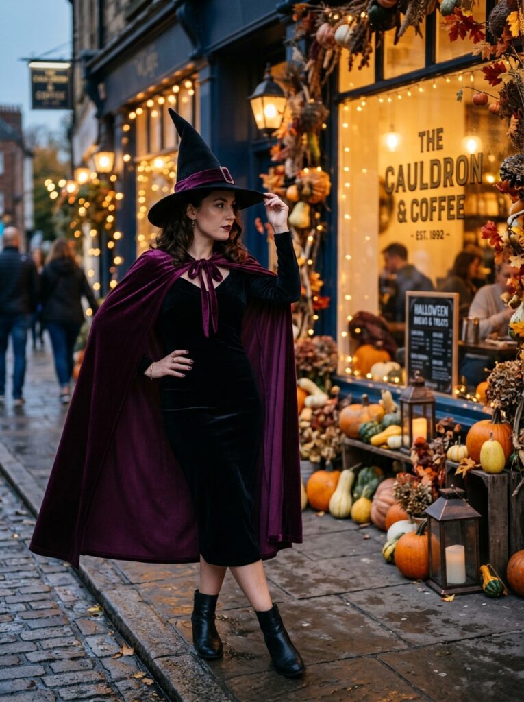 retro witch halloween costume with velvet cape
