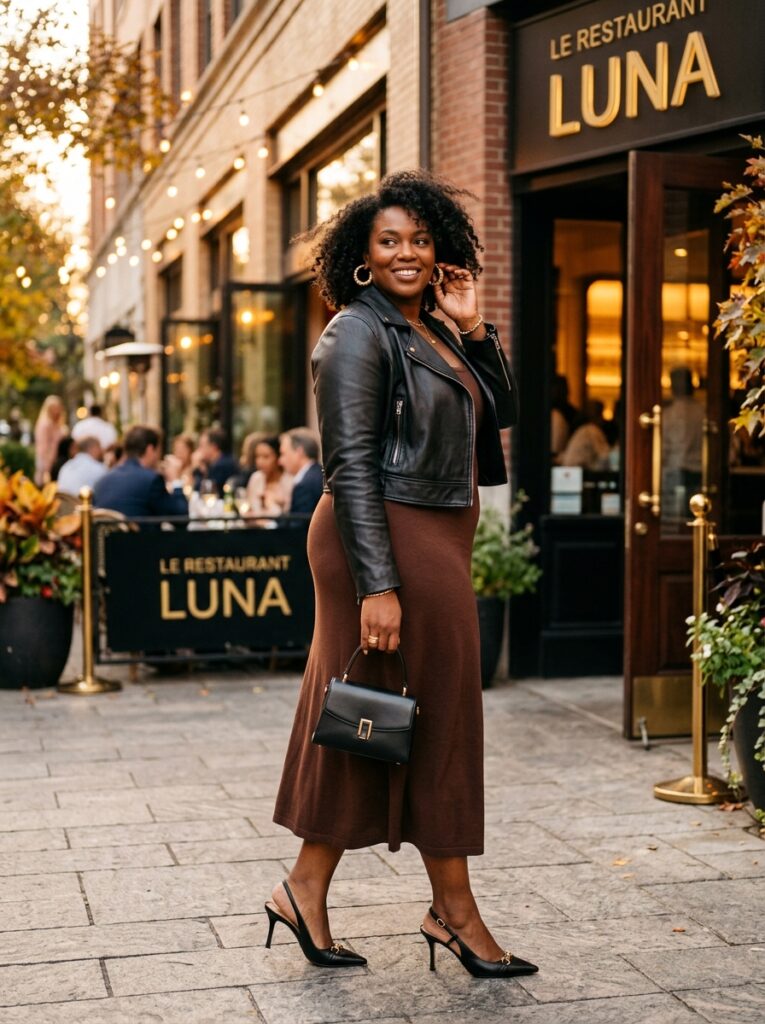 Chocolate knit midi dress with a cropped leather jacket and slingback shoes