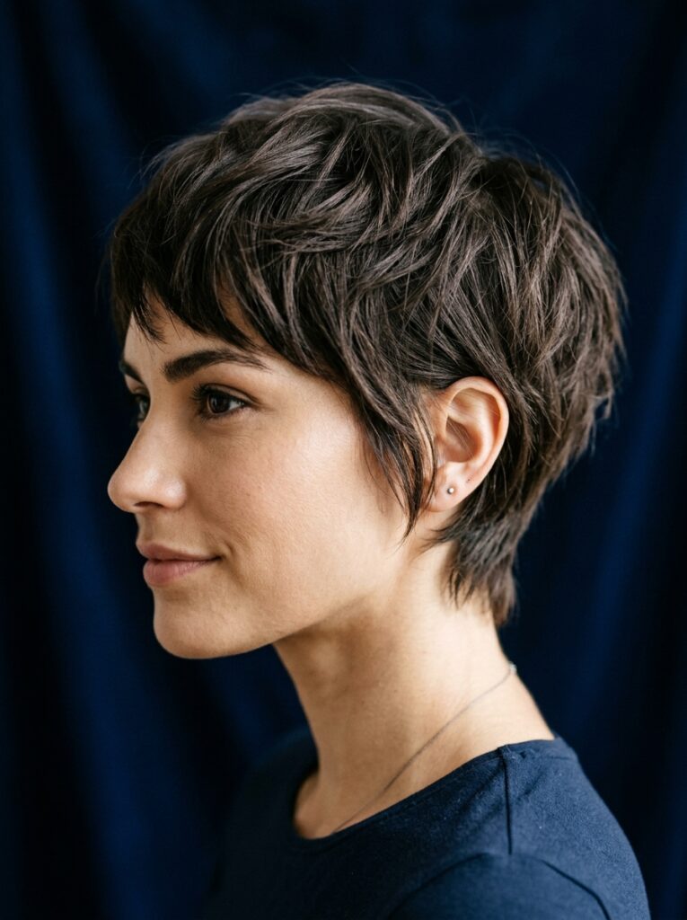 choppy brunette pixie cut with piecey layers