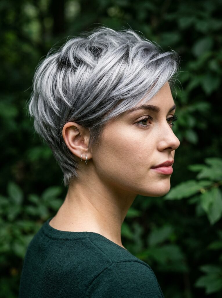 silver gray textured pixie cut
