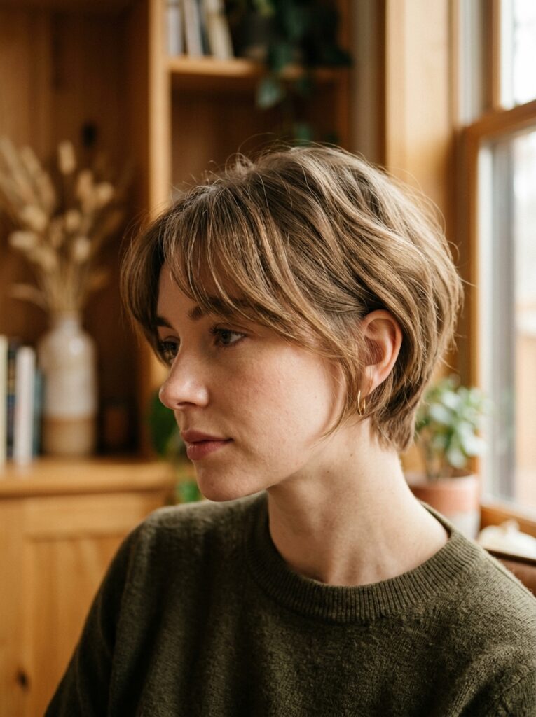 grown out pixie bob with long bangs