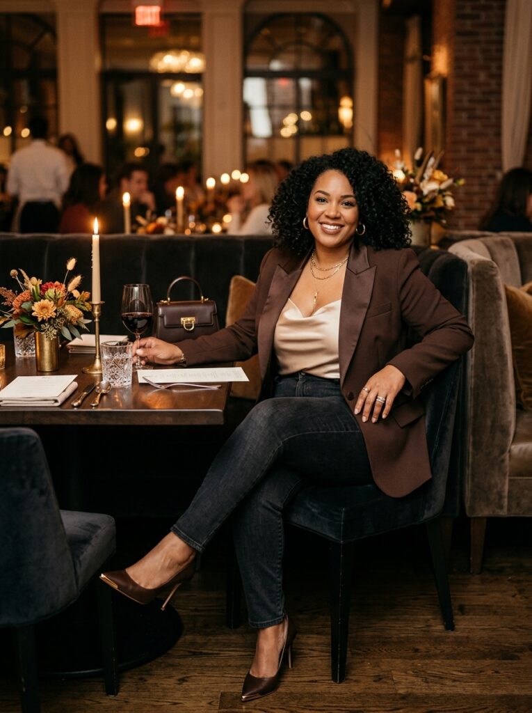 Chocolate brown blazer with a satin camisole and dark jeans