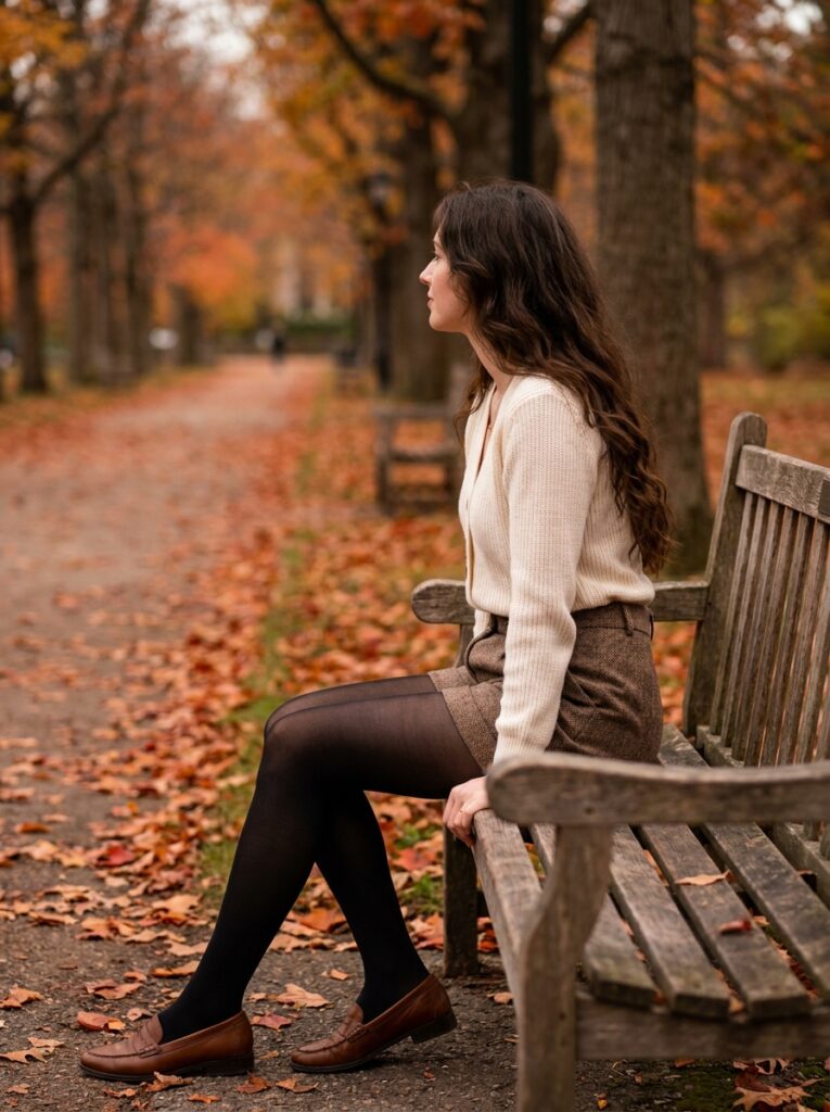 cream cardigan with tailored shorts tights and loafers