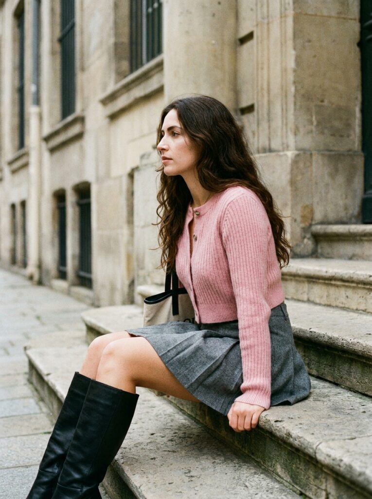 pink cardigan with pleated mini skirt and knee high boots
