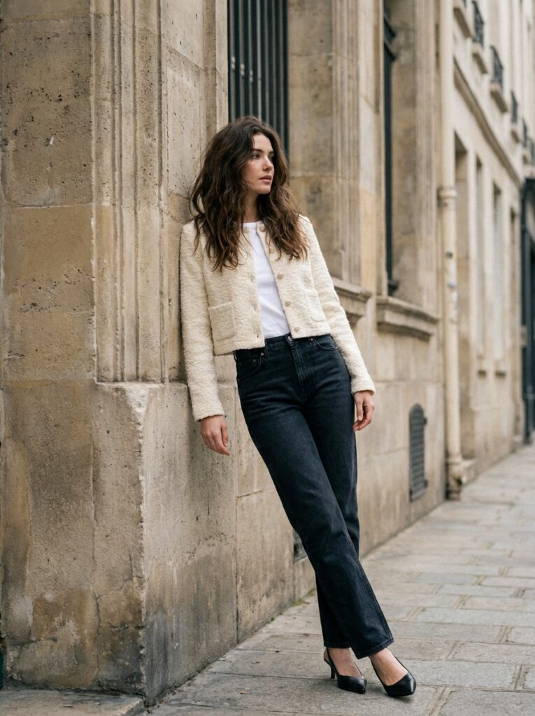 cropped boucle cardigan with dark jeans and kitten heels