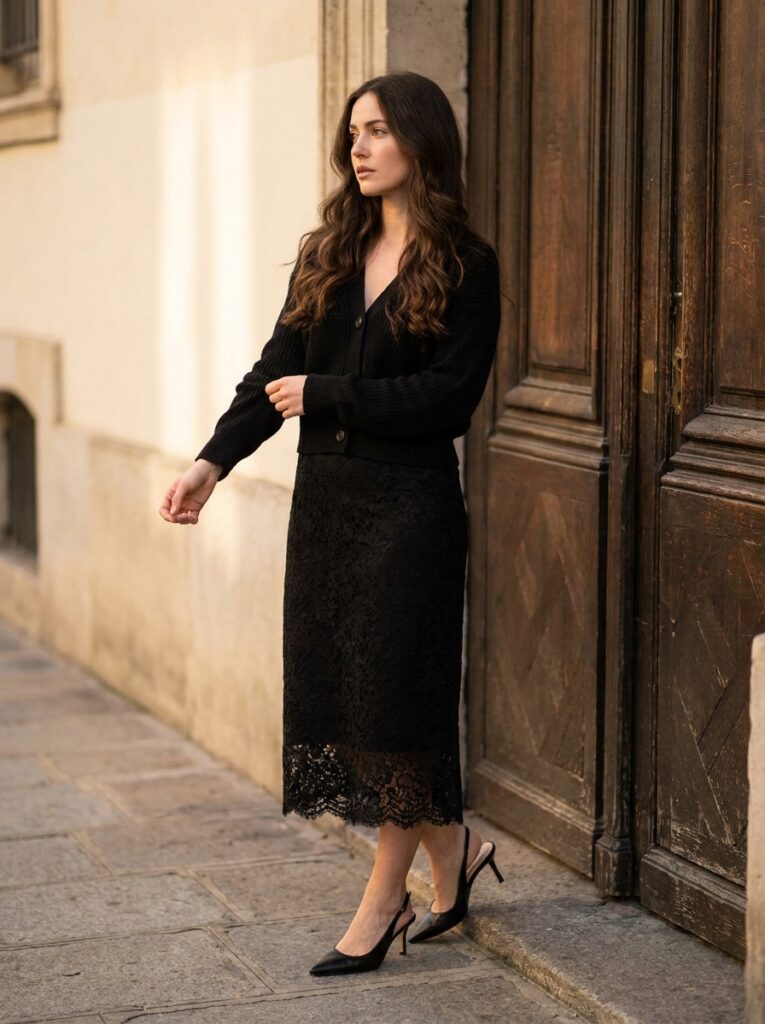 black cardigan with lace midi skirt and pointed slingbacks