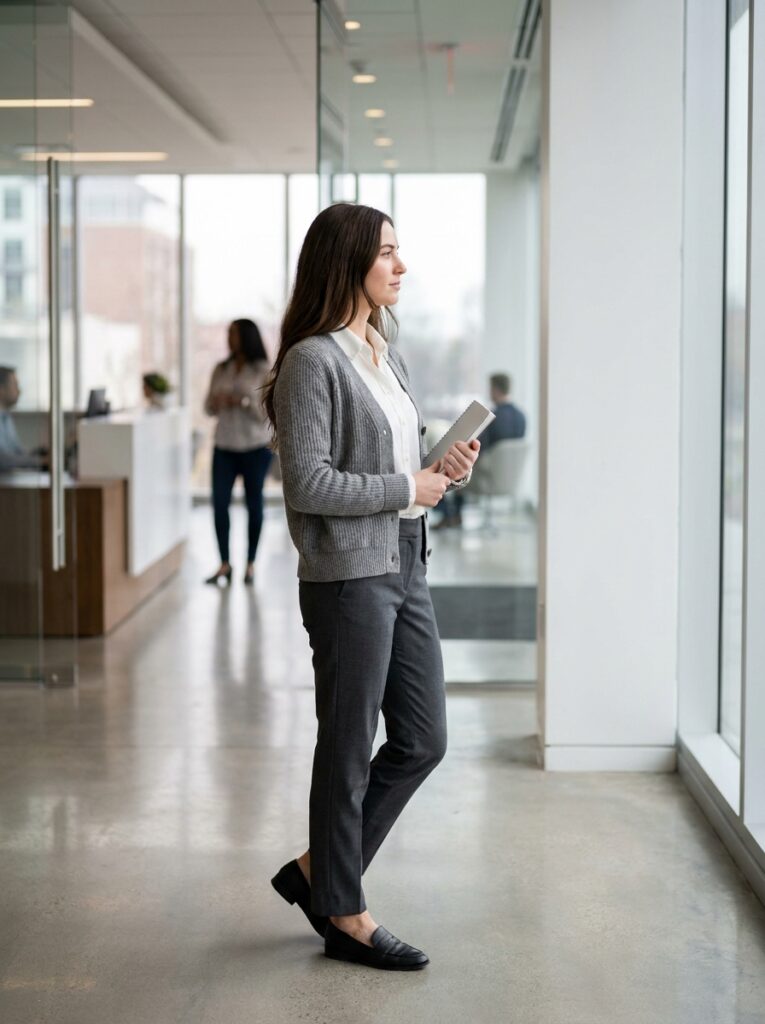 gray cardigan over white button down with tailored trousers
