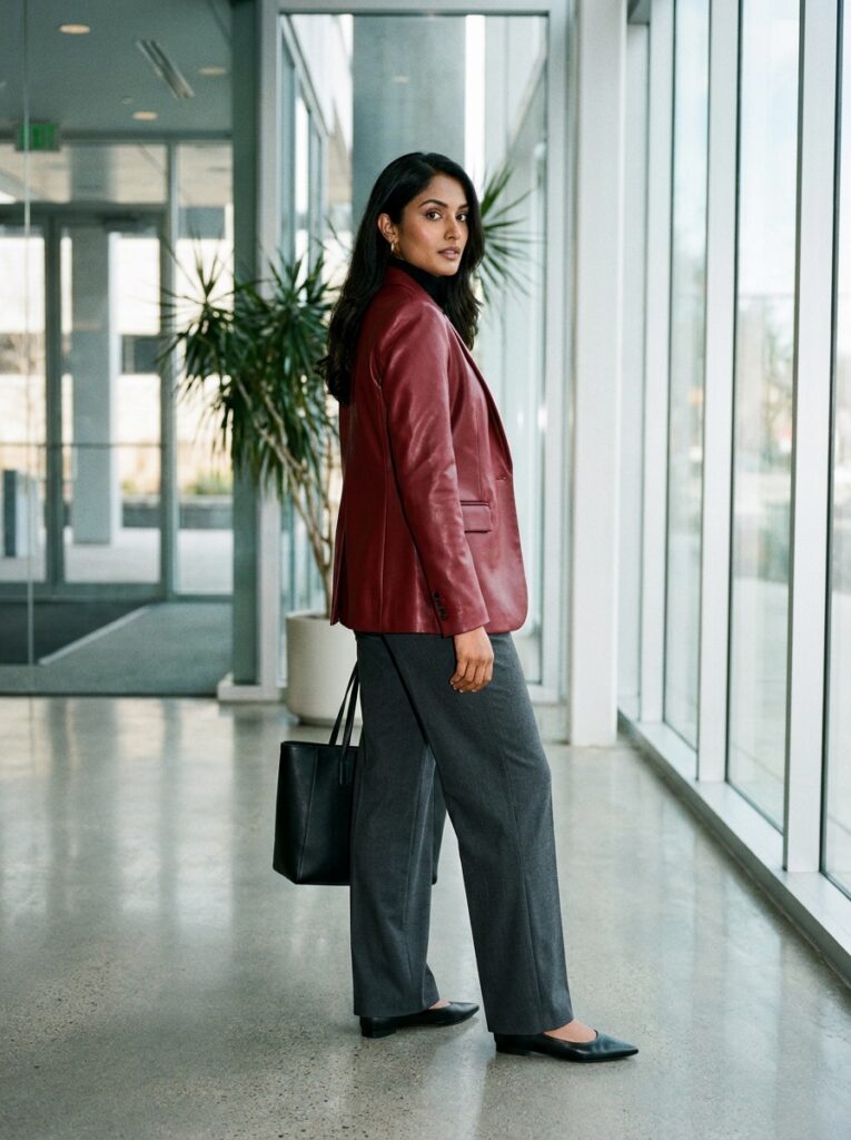 Red leather jacket with a black turtleneck and wide-leg trousers
