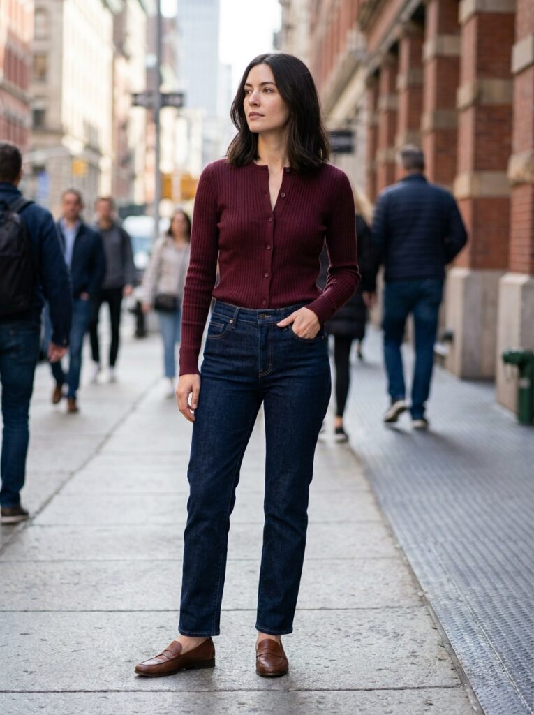 burgundy cardigan with straight leg jeans and loafers