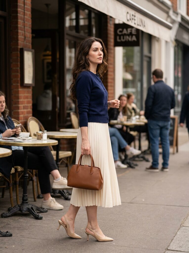 navy cardigan with pleated midi skirt and slingbacks