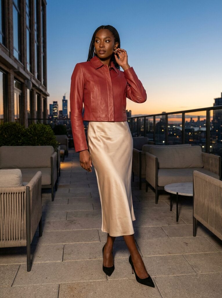 Cropped red leather jacket with a satin midi skirt and pointed heels
