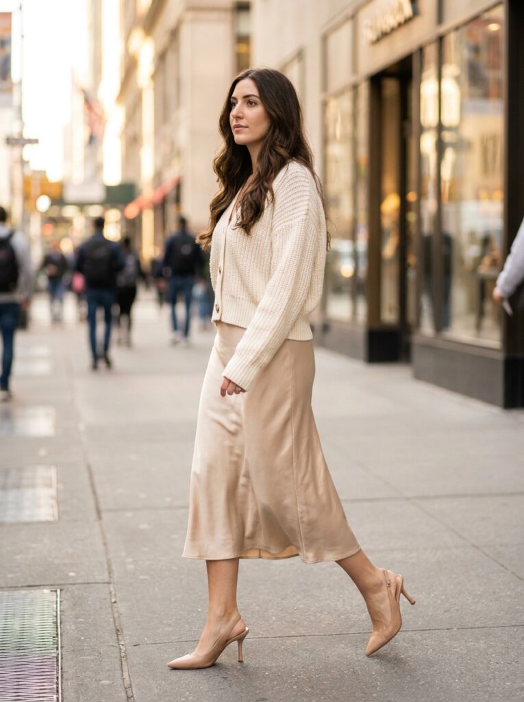 cream cardigan with satin midi skirt and slingback heels