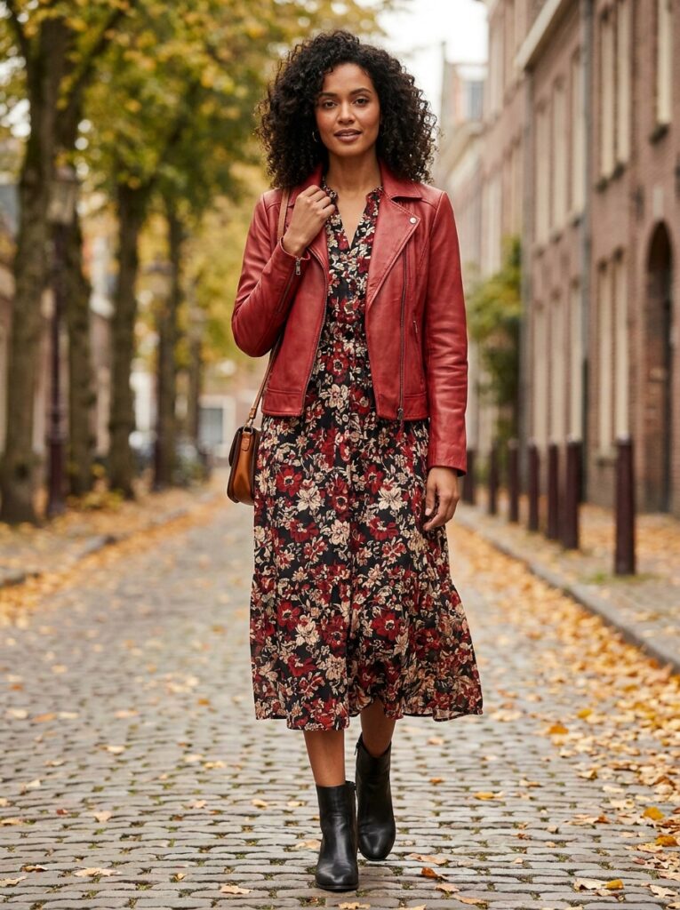 Red leather jacket over a floral midi dress and ankle boots