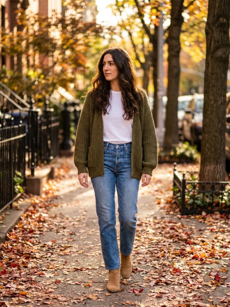 olive cardigan with jeans and suede ankle boots