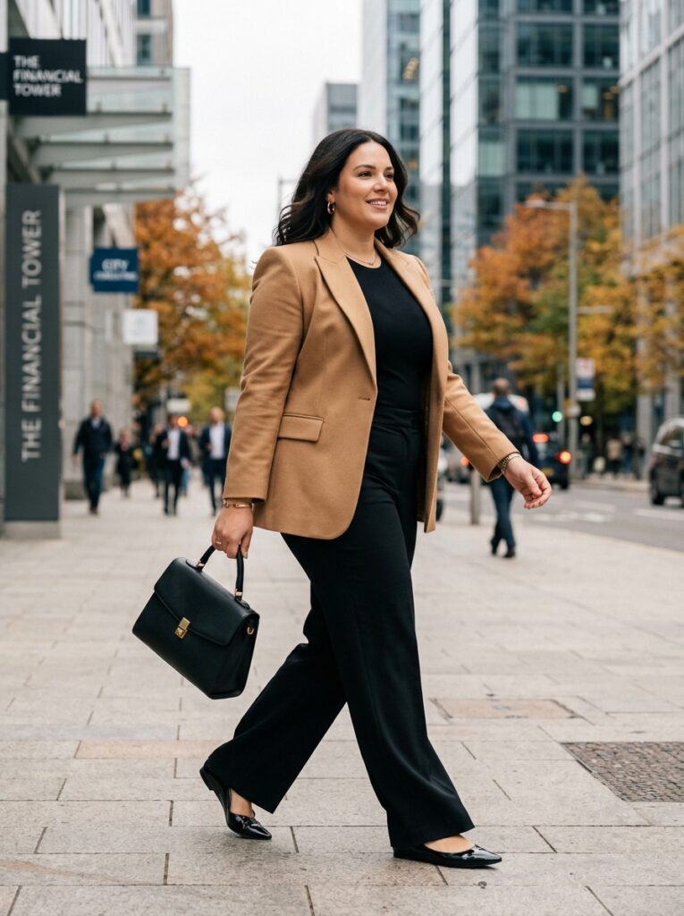 Camel blazer with a fitted black top and wide-leg trousers