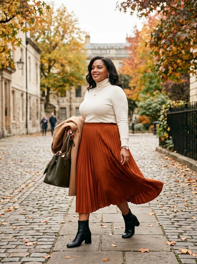 Cream turtleneck with a pleated midi skirt and block-heel ankle boots