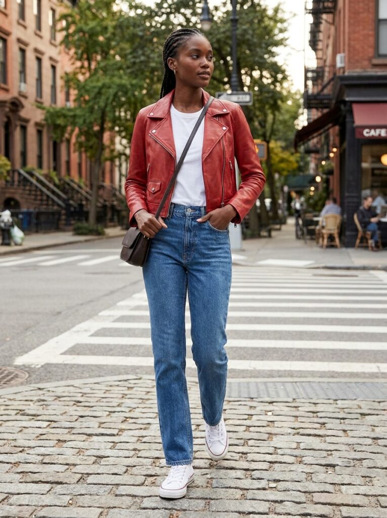 Red leather jacket with a white tee and straight-leg jeans