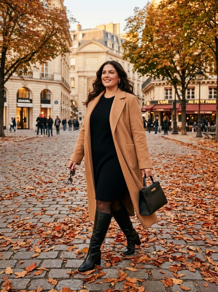Long camel coat over a black sweater dress with knee-high boots