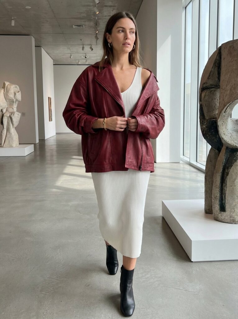 Oversized red leather jacket over a white knit dress