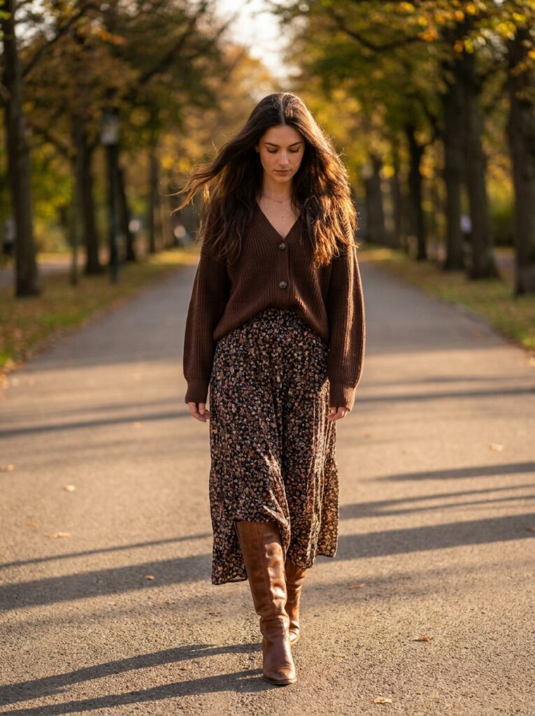 chocolate brown cardigan with floral maxi skirt