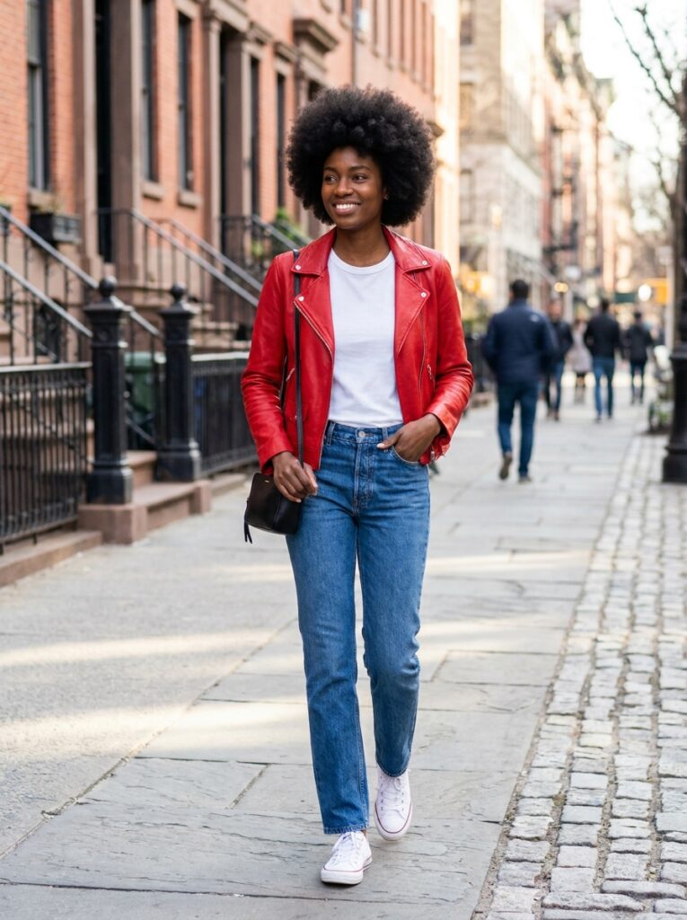 Red leather jacket with dark jeans and pointed heels