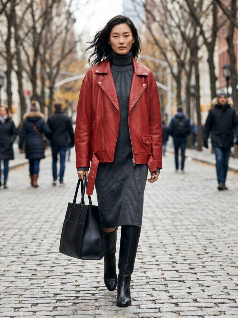Red leather jacket over a gray knit dress and tall boots
