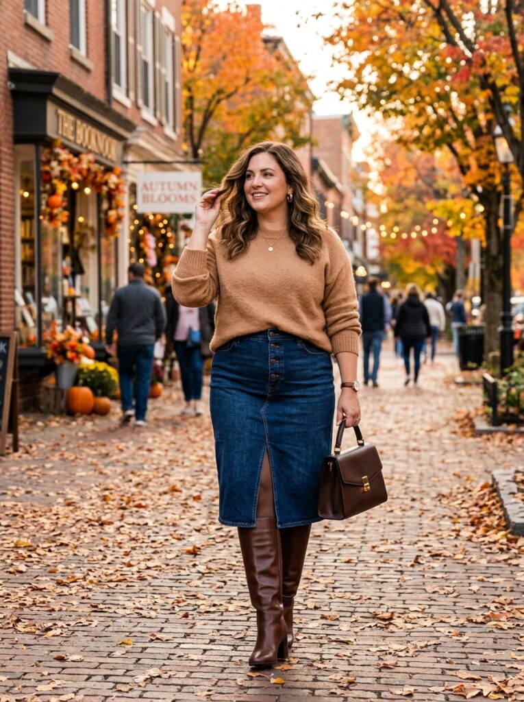 Camel sweater with a denim midi skirt and knee-high boots