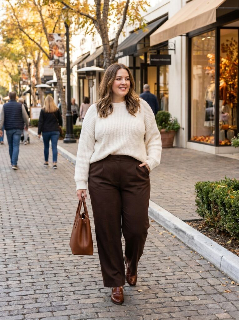 Ivory sweater with brown wide-leg trousers and loafers