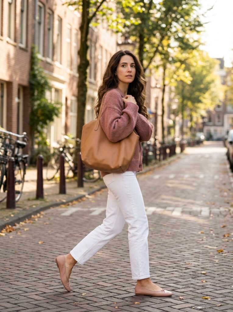 dusty rose cardigan with white jeans and ballet flats