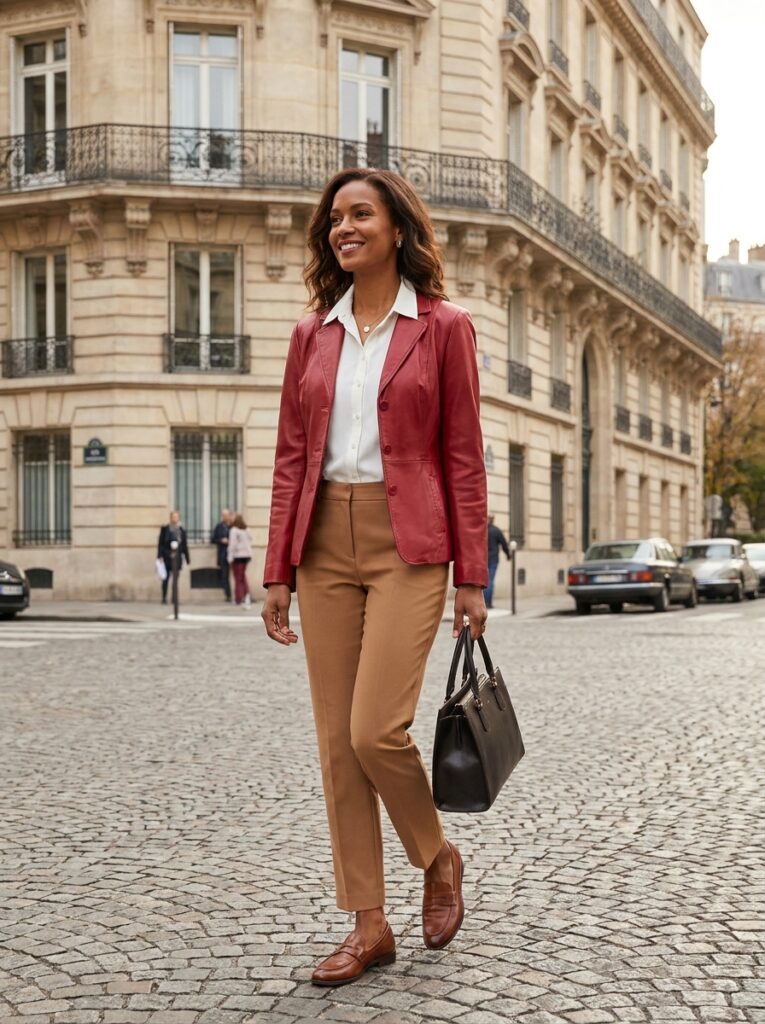 Red leather jacket with a white button-down and tailored trousers
