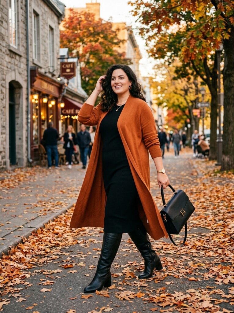 Rust cardigan over a black midi dress with tall boots