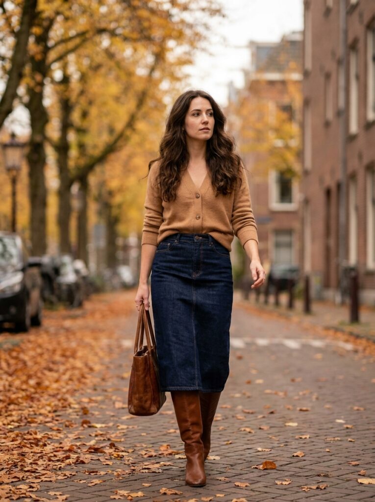 camel cardigan with denim midi skirt and knee high boots