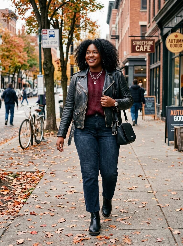 Black leather jacket with a burgundy sweater and dark straight-leg jeans