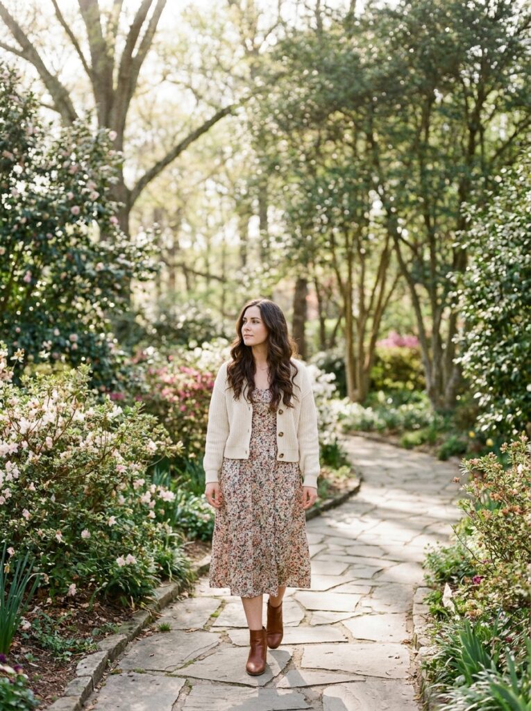 cropped cardigan over floral midi dress with ankle boots