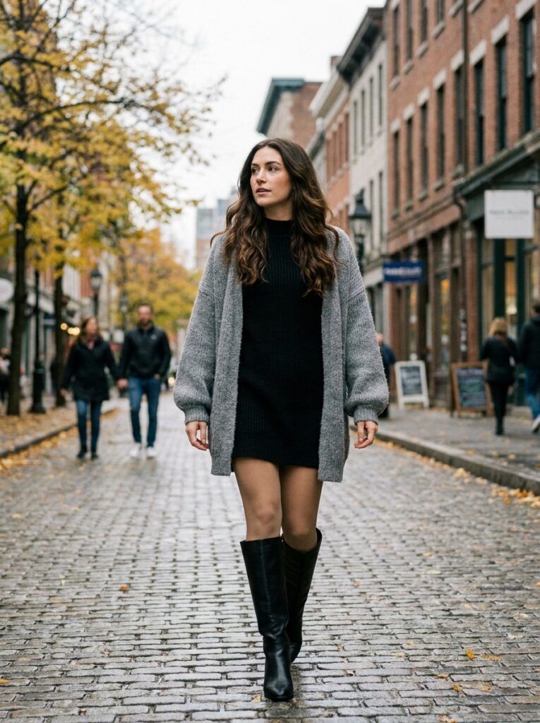 gray cardigan over black sweater dress with knee high boots