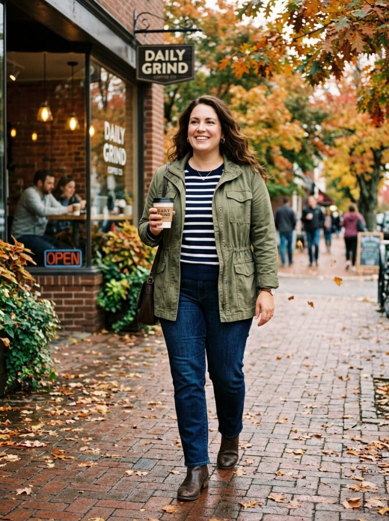 Olive utility jacket with a striped sweater and jeans