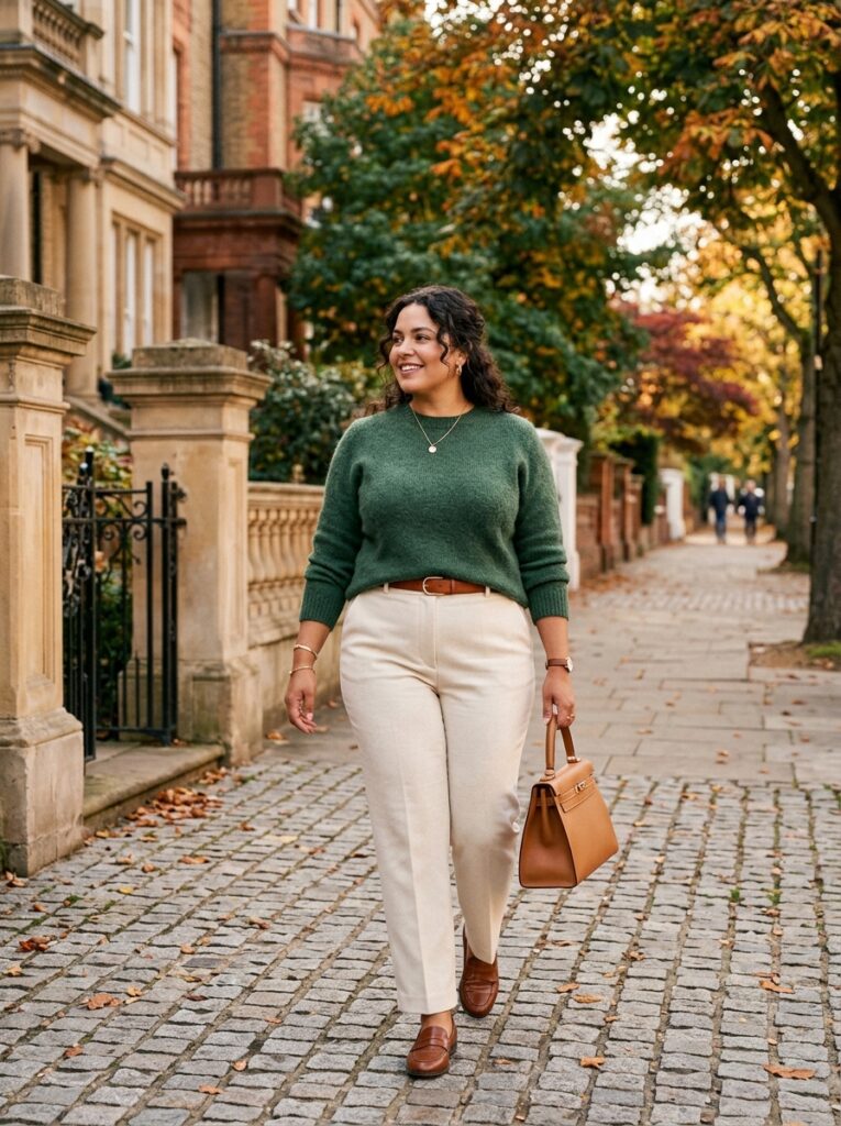 Forest green sweater with cream straight-leg trousers and brown loafers