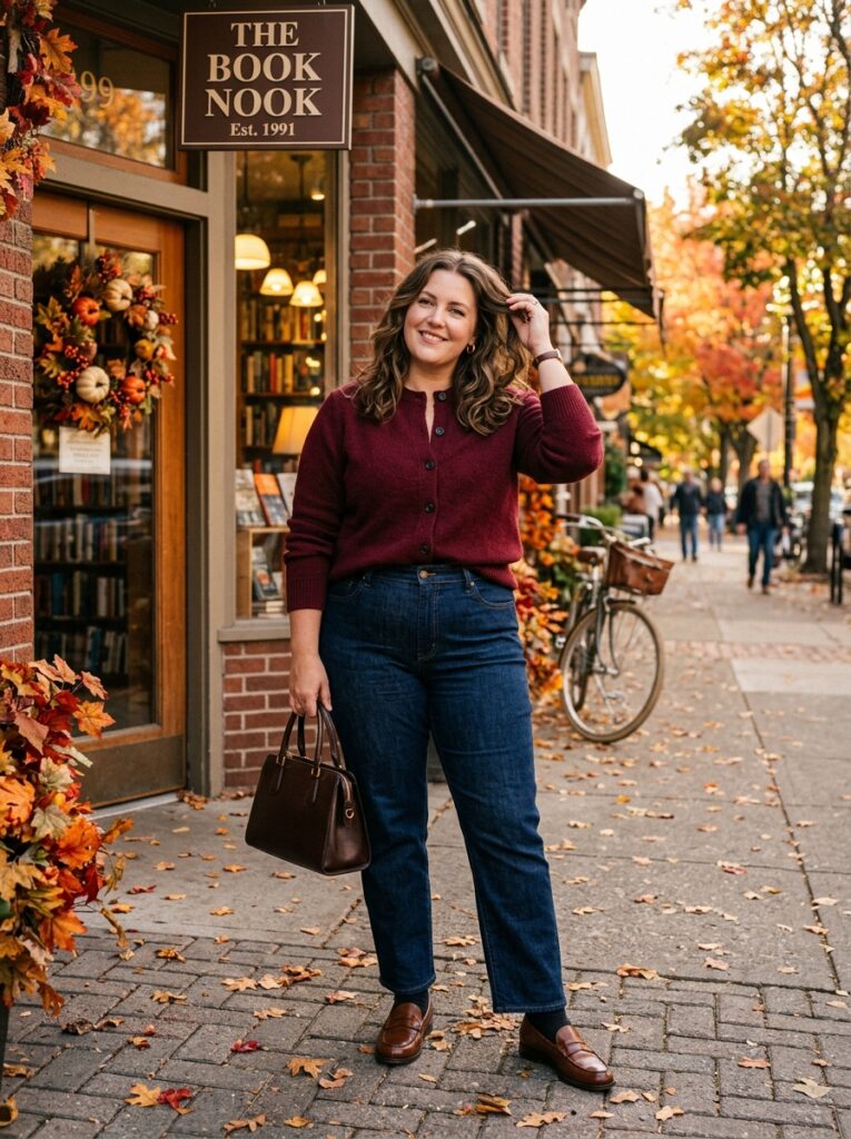 Burgundy cardigan with dark straight-leg jeans and loafers