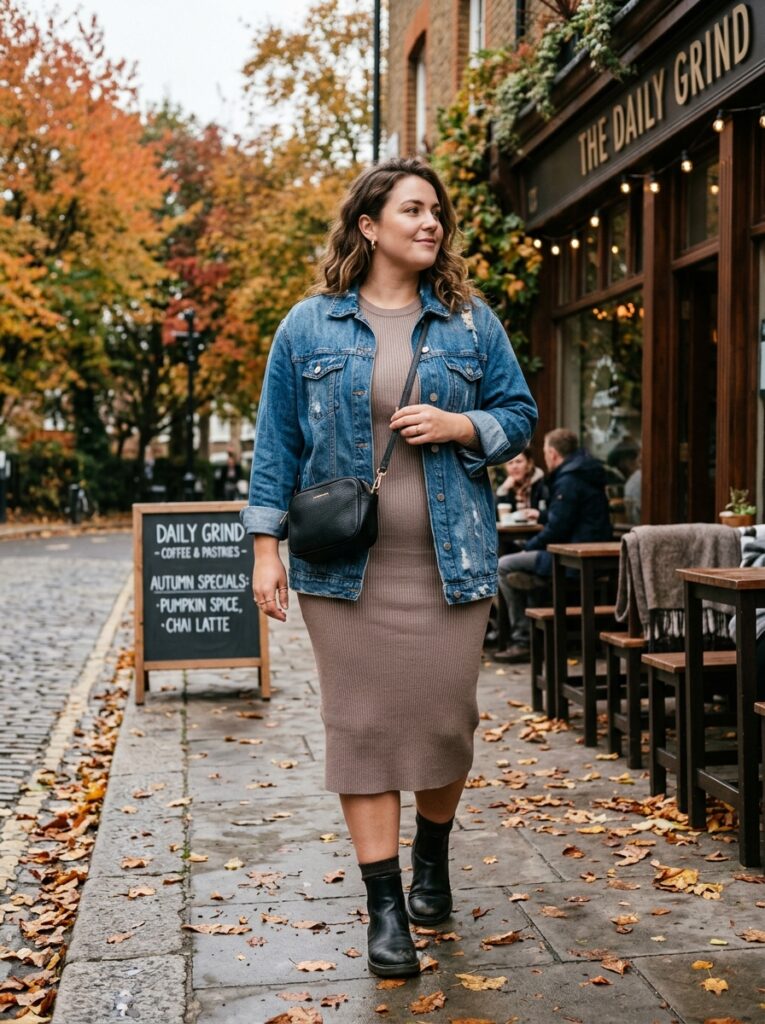 Oversized denim jacket over a ribbed dress with Chelsea boots
