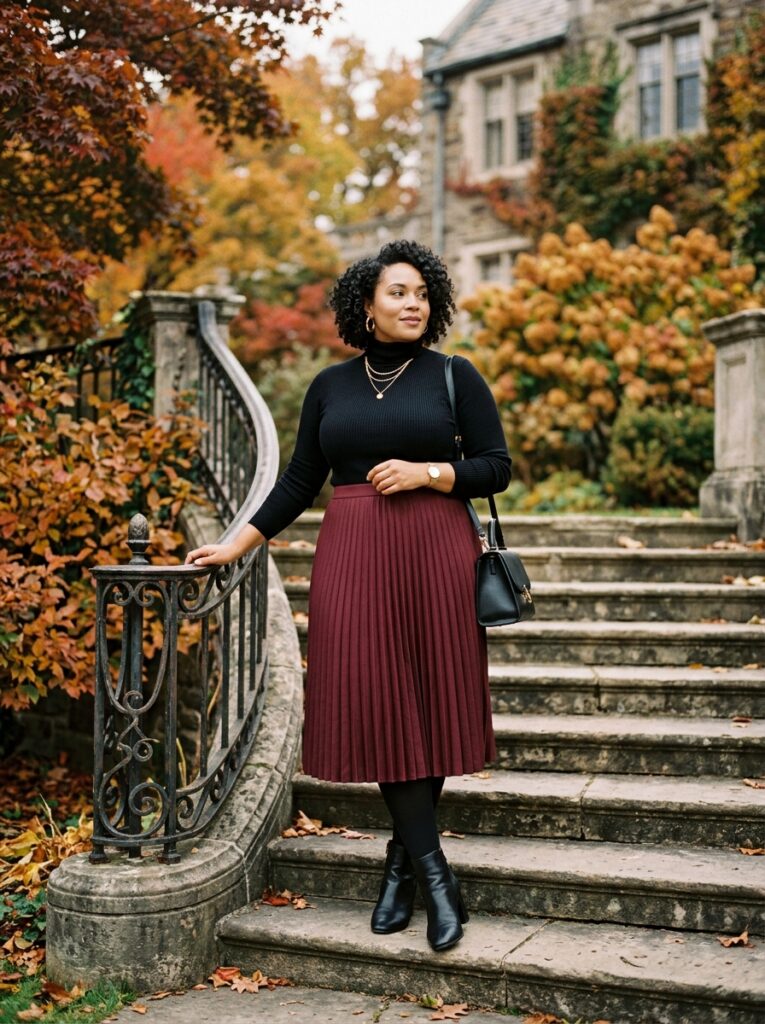 Black turtleneck with a burgundy pleated skirt and ankle boots