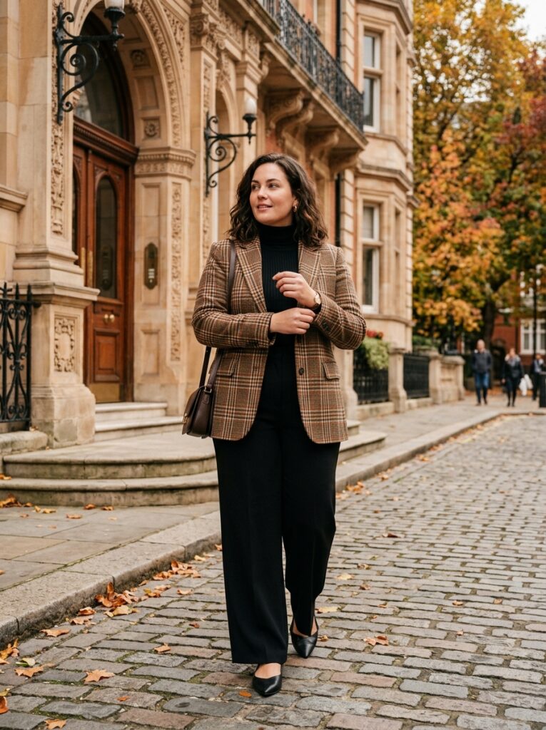 Plaid blazer with a black turtleneck and black wide-leg trousers
